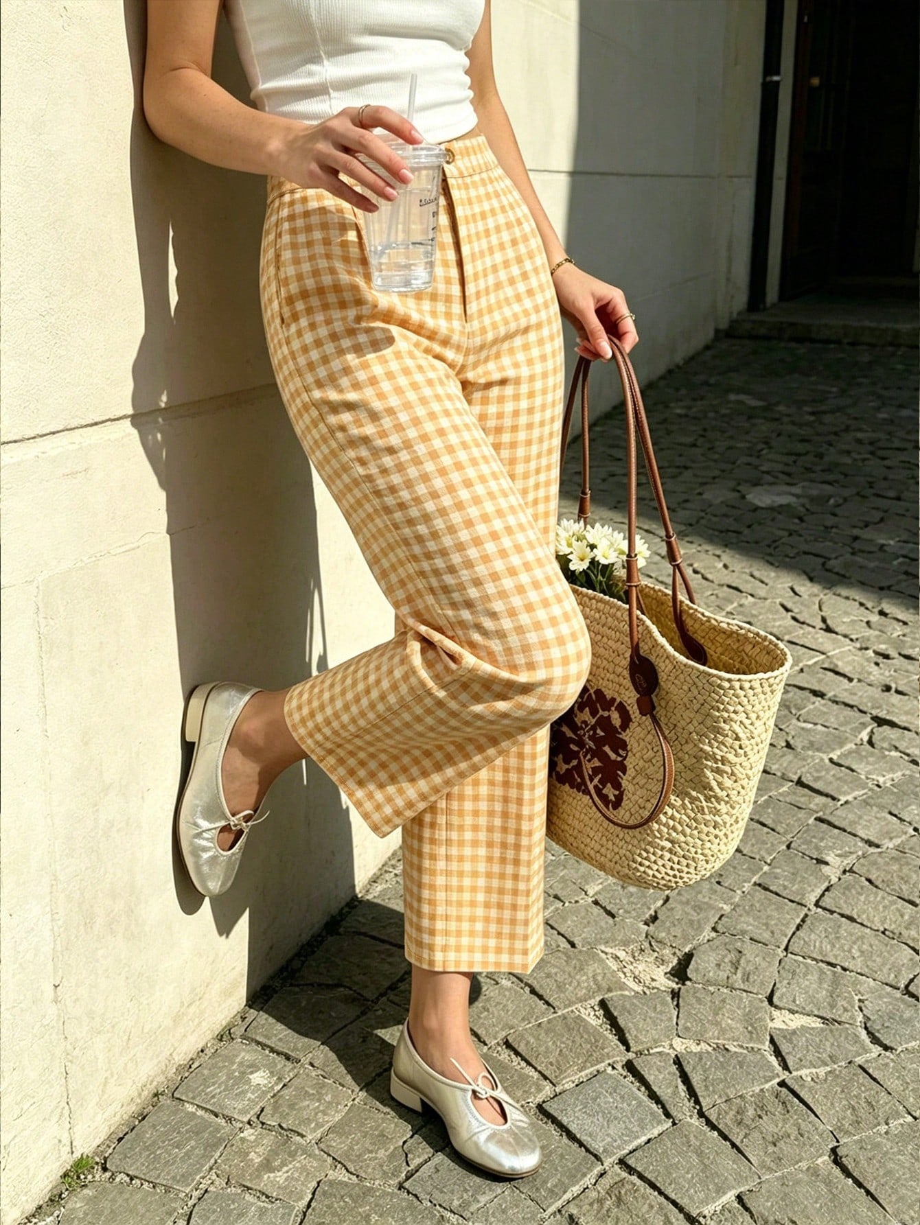 PariChic Summer Yellow And White Plaid Women's Long Pants, Spring, Yellow And White Plaid Women's Long Pants, Spring/Summer Elegant Vacation, Elegant Party, New Spring/Summer Yellow And White