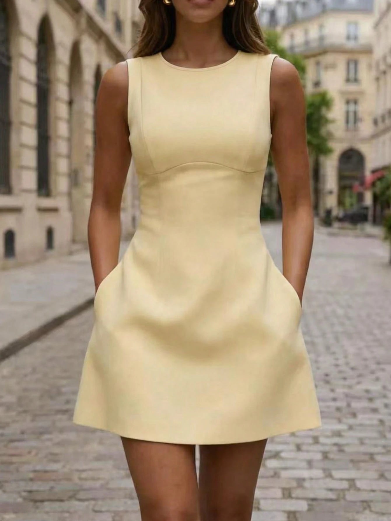 PariChic Women's New Spring/Summer Pale Yellow Waist-Cinching Sleeveless Casual Vacation Holiday Daily Elegant Party Short Dress