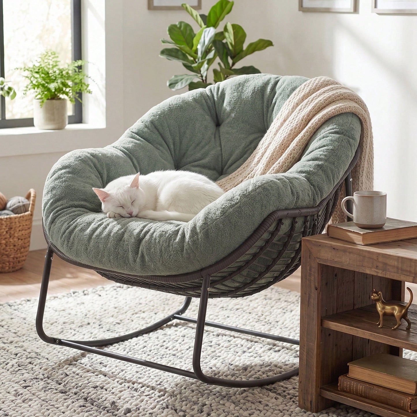 Patio Rocking Chair With Padded Cushion Indoor Outdoor Comfy Papasan Rocker Chair With Upgraded Steel Frame Rattan Egg-Shaped Lounge Chair For Front Porch, Garden, Bedroom