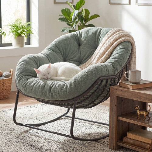 Patio Rocking Chair With Padded Cushion Indoor Outdoor Comfy Papasan Rocker Chair With Upgraded Steel Frame Rattan Egg-Shaped Lounge Chair For Front Porch, Garden, Bedroom