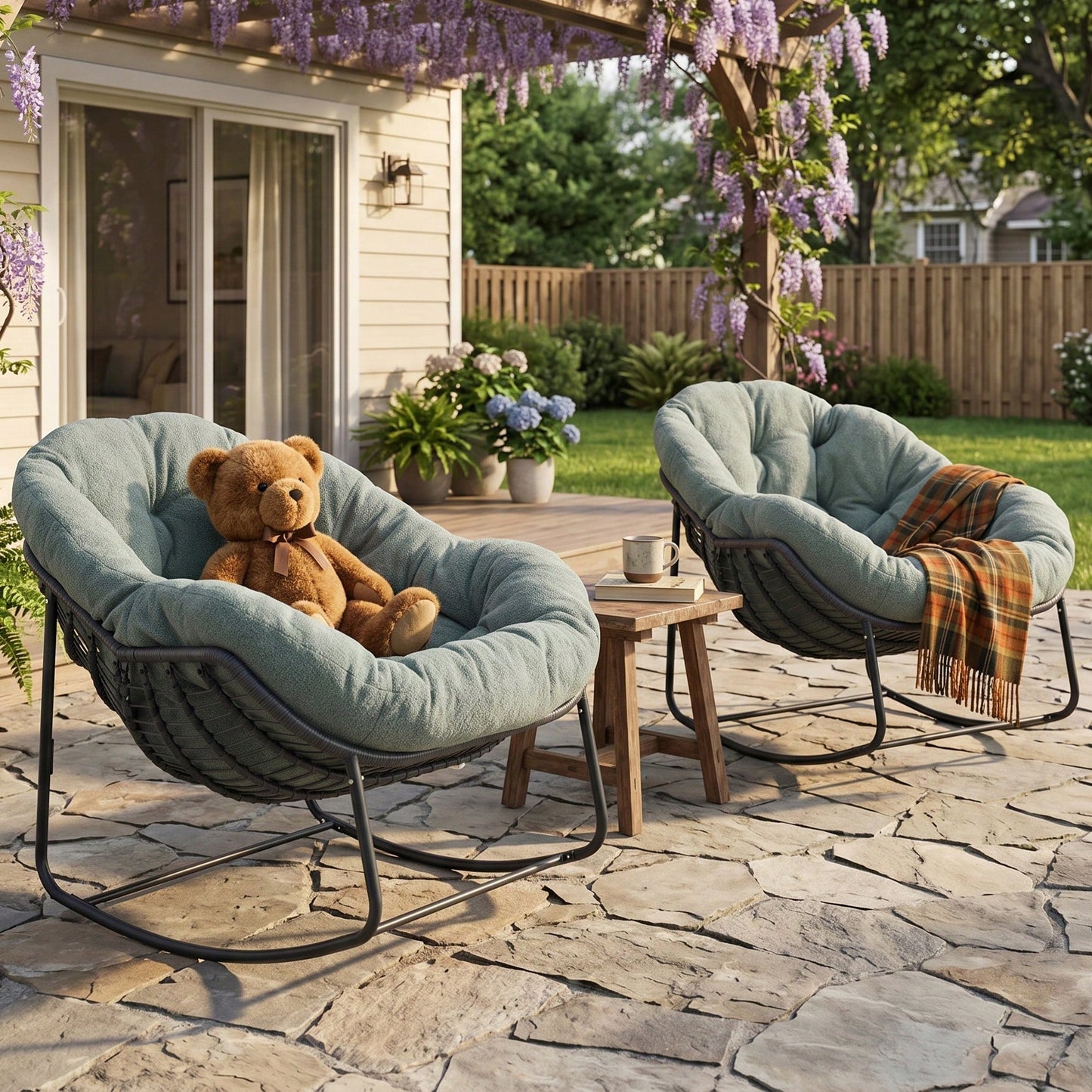 Patio Rocking Chair With Padded Cushion Indoor Outdoor Comfy Papasan Rocker Chair With Upgraded Steel Frame Rattan Egg-Shaped Lounge Chair For Front Porch, Garden, Bedroom