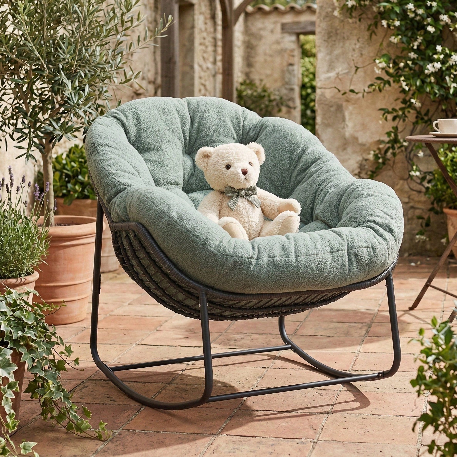 Patio Rocking Chair With Padded Cushion Indoor Outdoor Comfy Papasan Rocker Chair With Upgraded Steel Frame Rattan Egg-Shaped Lounge Chair For Front Porch, Garden, Bedroom