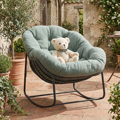 Patio Rocking Chair With Padded Cushion Indoor Outdoor Comfy Papasan Rocker Chair With Upgraded Steel Frame Rattan Egg-Shaped Lounge Chair For Front Porch, Garden, Bedroom