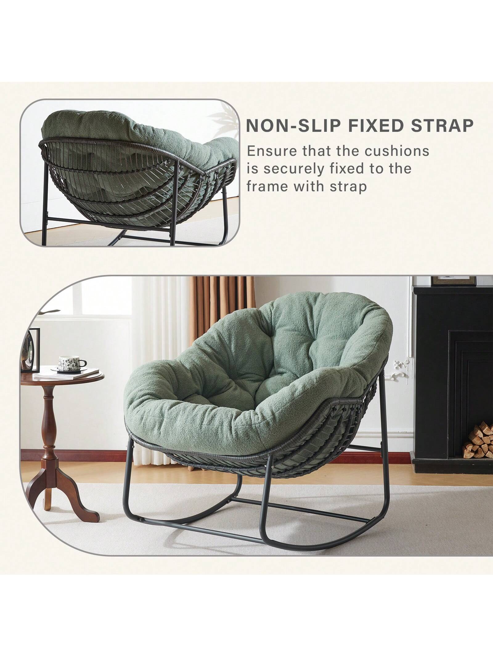 Patio Rocking Chair With Padded Cushion Indoor Outdoor Comfy Papasan Rocker Chair With Upgraded Steel Frame Rattan Egg-Shaped Lounge Chair For Front Porch, Garden, Bedroom