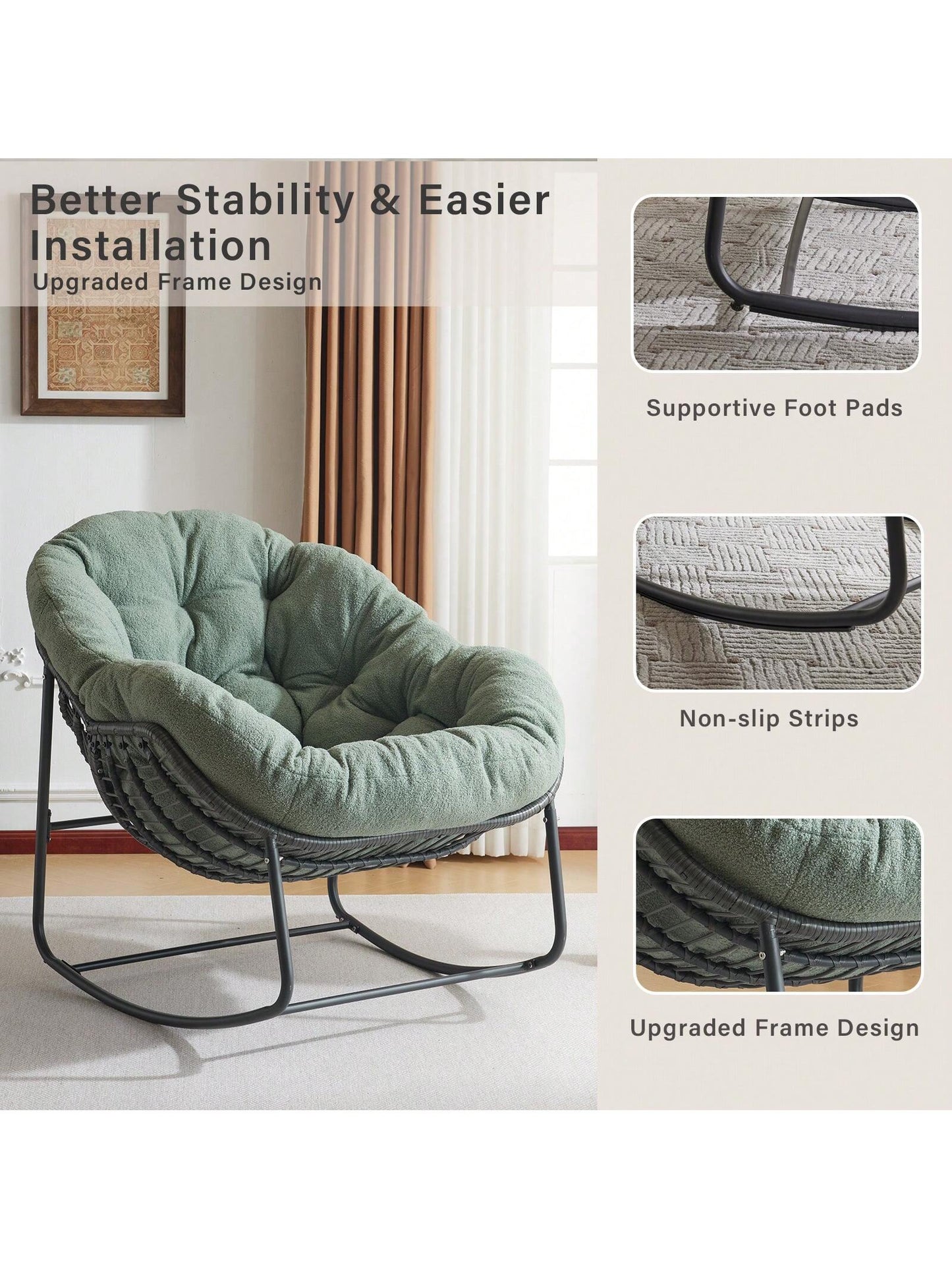 Patio Rocking Chair With Padded Cushion Indoor Outdoor Comfy Papasan Rocker Chair With Upgraded Steel Frame Rattan Egg-Shaped Lounge Chair For Front Porch, Garden, Bedroom