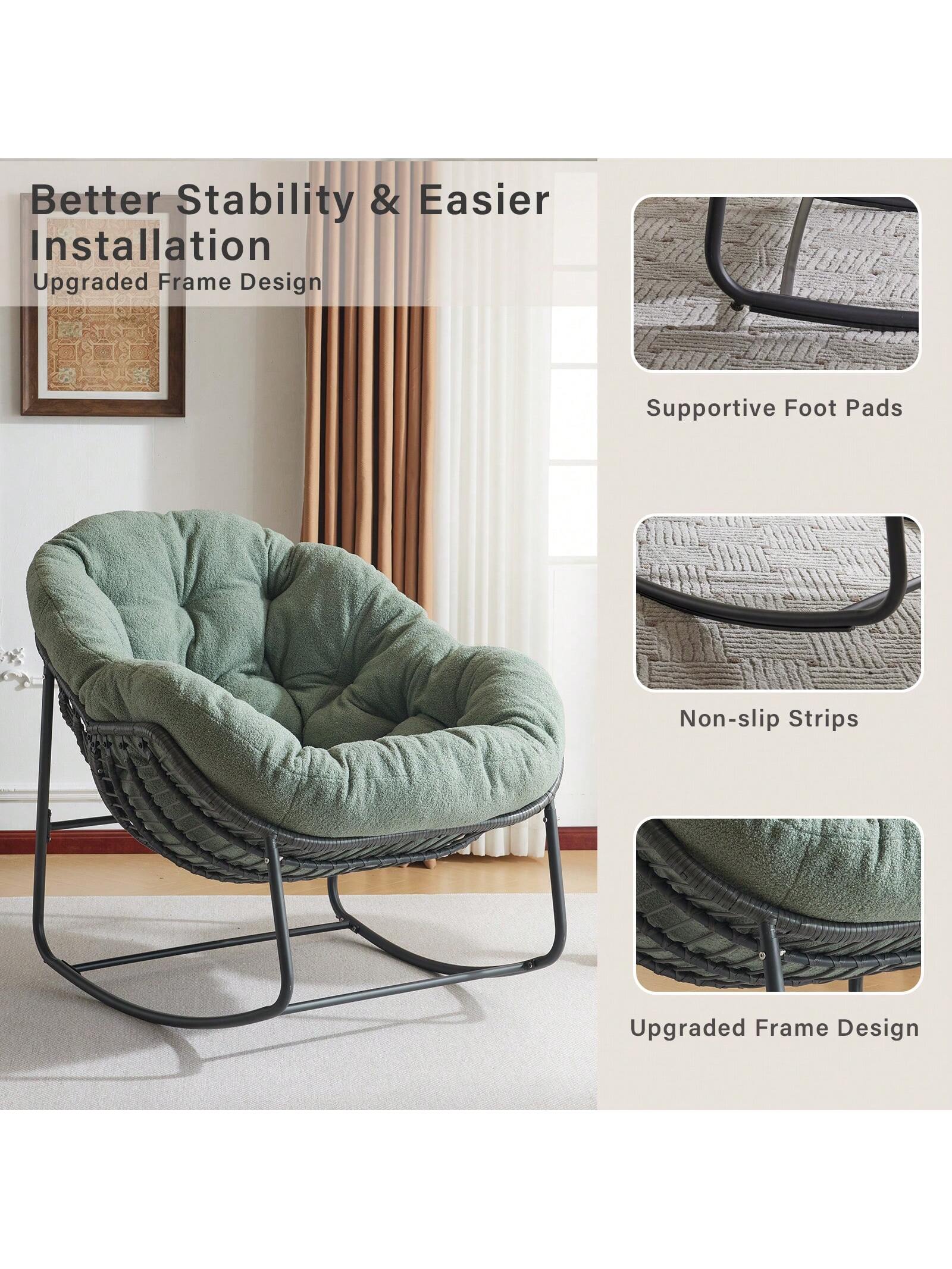 Patio Rocking Chair With Padded Cushion Indoor Outdoor Comfy Papasan Rocker Chair With Upgraded Steel Frame Rattan Egg-Shaped Lounge Chair For Front Porch, Garden, Bedroom