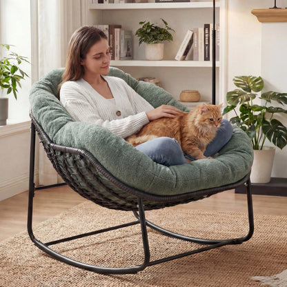 Patio Rocking Chair With Padded Cushion Indoor Outdoor Comfy Papasan Rocker Chair With Upgraded Steel Frame Rattan Egg-Shaped Lounge Chair For Front Porch, Garden, Bedroom