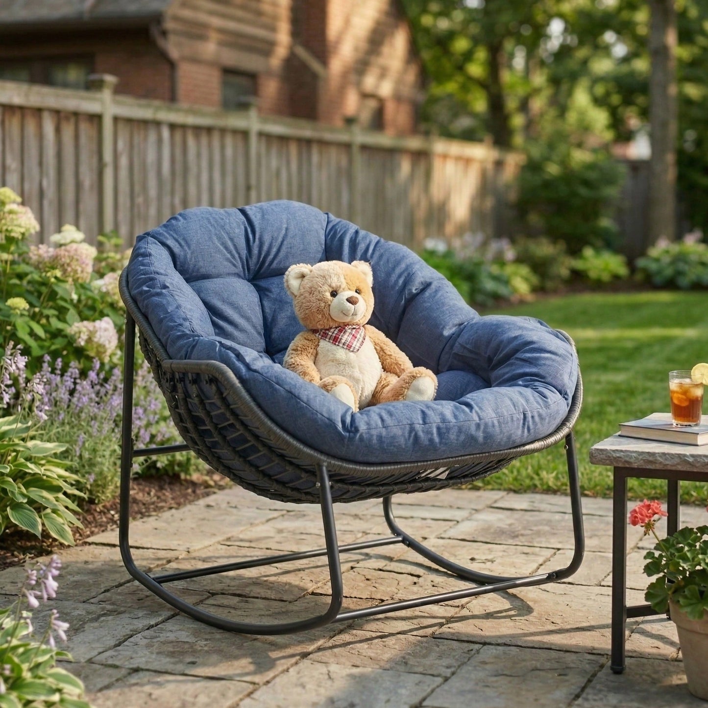 Patio Rocking Chair With Padded Cushion Indoor Outdoor Comfy Papasan Rocker Chair With Upgraded Steel Frame Rattan Egg-Shaped Lounge Chair For Front Porch, Garden, Bedroom