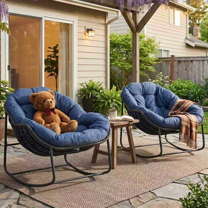 Patio Rocking Chair With Padded Cushion Indoor Outdoor Comfy Papasan Rocker Chair With Upgraded Steel Frame Rattan Egg-Shaped Lounge Chair For Front Porch, Garden, Bedroom
