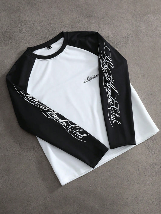 PAVTROS Men's Loose Fit Raglan Sleeve T-Shirt,Black & White Contrast Handwritten English Print Graphic Baseball Tee,Autumn Streetwear City Break Long Sleeve
