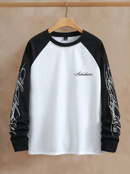 PAVTROS Men's Loose Fit Raglan Sleeve T-Shirt,Black & White Contrast Handwritten English Print Graphic Baseball Tee,Autumn Streetwear City Break Long Sleeve