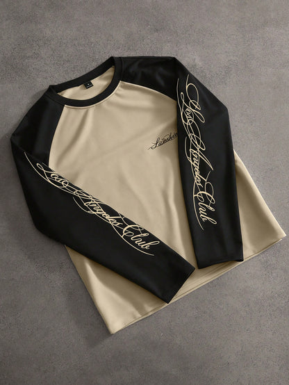 PAVTROS Men's Loose Fit Raglan Sleeve T-Shirt,Black & White Contrast Handwritten English Print Graphic Baseball Tee,Autumn Streetwear City Break Long Sleeve