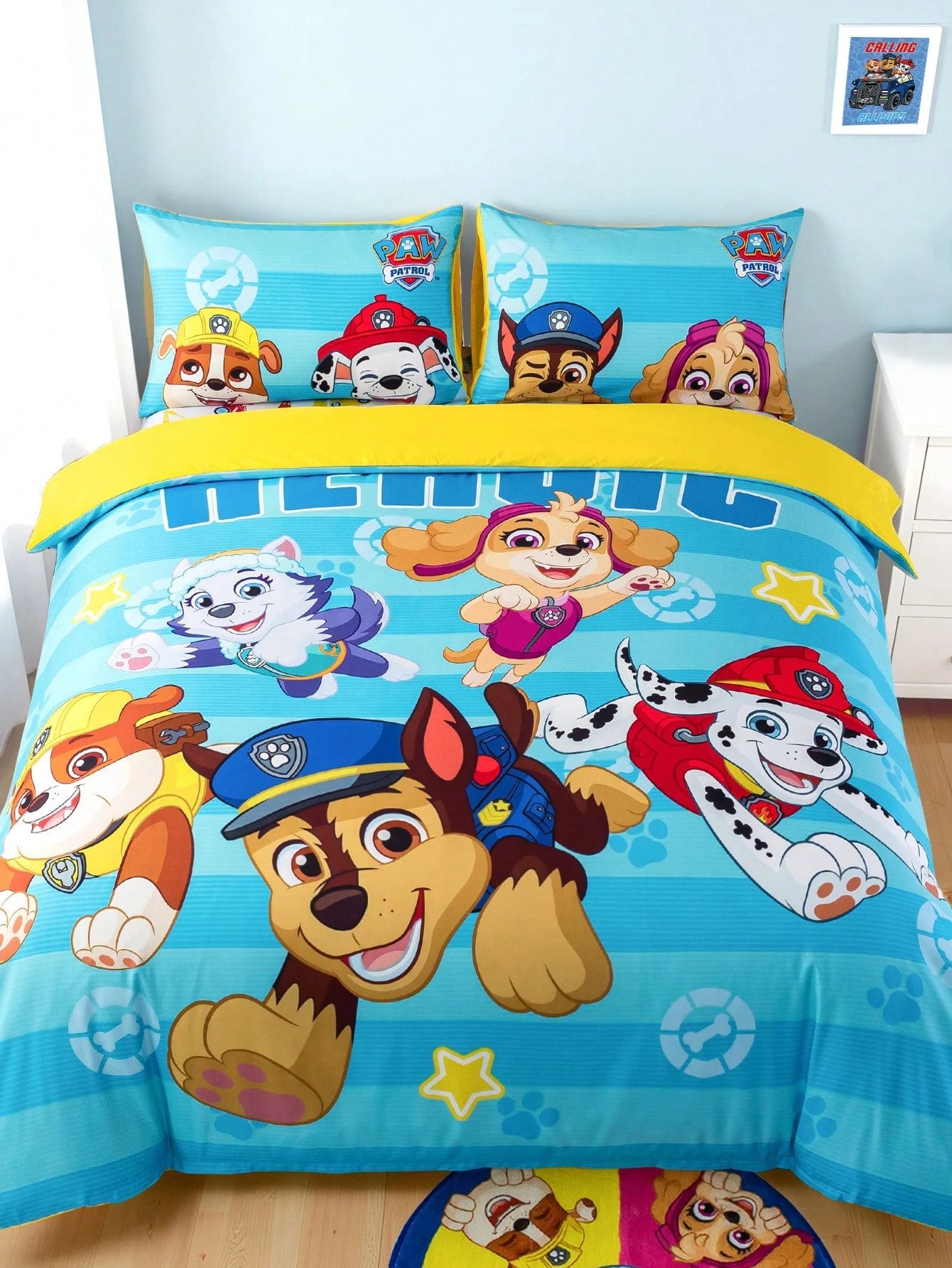 PAW Patrol 3pcs Cute Cartoon Pattern Duvet Cover Set, Brushed Material, Soft & Warm, Blue Striped Duvet Cover, Multiple Sizes Suitable For Twin/Full/Queen/King Bed, Back To School