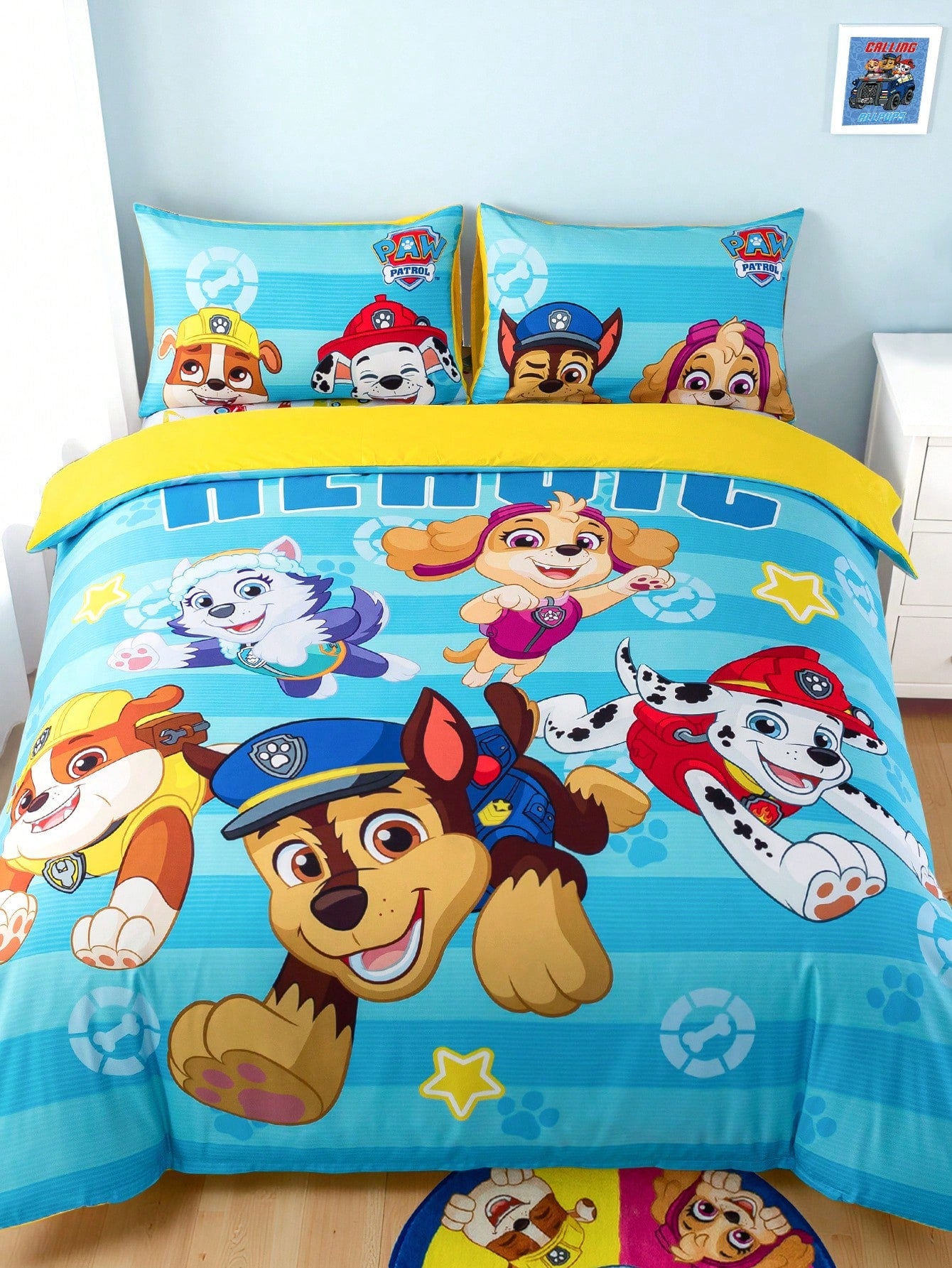 PAW Patrol 3pcs Cute Cartoon Pattern Duvet Cover Set, Brushed Material, Soft & Warm, Blue Striped Duvet Cover, Multiple Sizes Suitable For Twin/Full/Queen/King Bed, Back To School