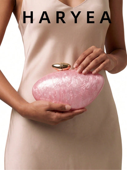 Pearlescent Marble Pattern Acrylic Shell Bullet-Shaped Clutch Bag, Elegant Crossbody Small Purse For Banquet, Wedding, Evening Party