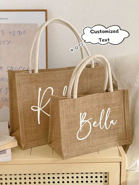 Personalized Burlap Tote Bag With Name And Pendant Custom Bridesmaid Bachelorette Beach Gift Bag Monogram Jute Handbag, Gift For Women