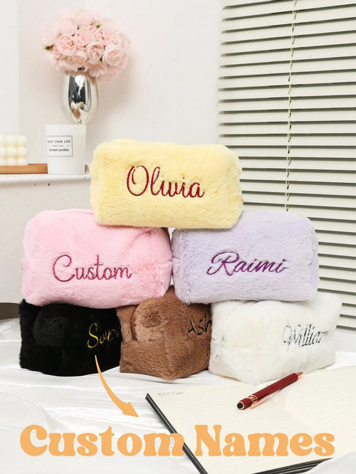 Personalized Fluffy Makeup Bag, Fuzzy Cosmetic Pouch, Embroidered Name Toiletry Organizer, Travel Bag For Women, Soft, Ideal Gifts For Her, Girlfriend, Chic Autumn, Christmas Beauty Accessories, Bride