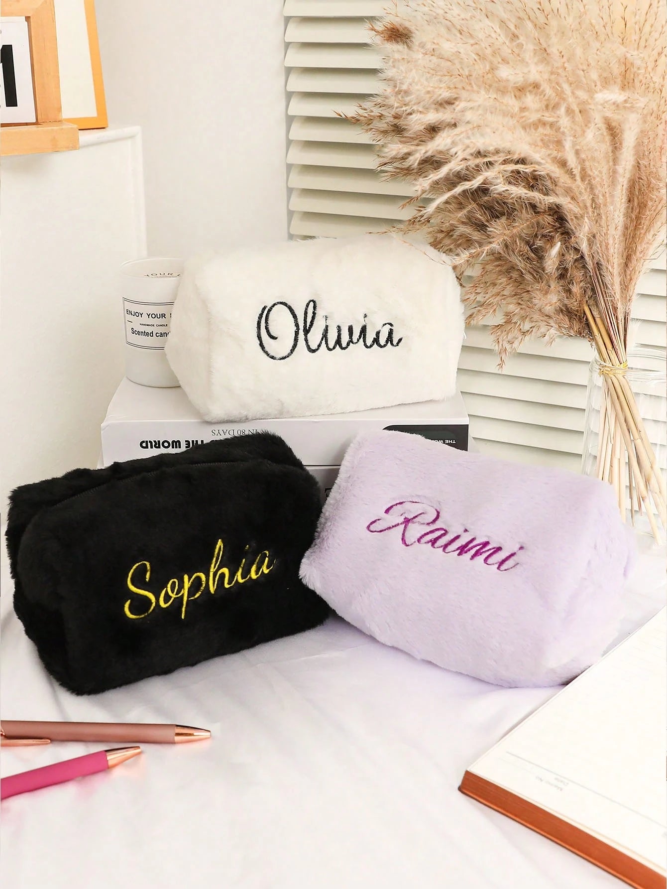 Personalized Fluffy Makeup Bag, Fuzzy Cosmetic Pouch, Embroidered Name Toiletry Organizer, Travel Bag For Women, Soft, Ideal Gifts For Her, Girlfriend, Chic Autumn, Christmas Beauty Accessories, Bride
