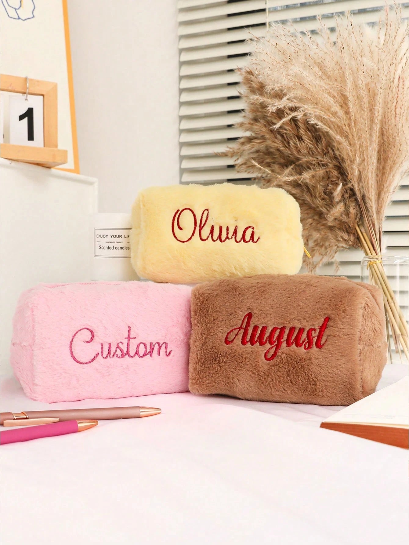 Personalized Fluffy Makeup Bag, Fuzzy Cosmetic Pouch, Embroidered Name Toiletry Organizer, Travel Bag For Women, Soft, Ideal Gifts For Her, Girlfriend, Chic Autumn, Christmas Beauty Accessories, Bride