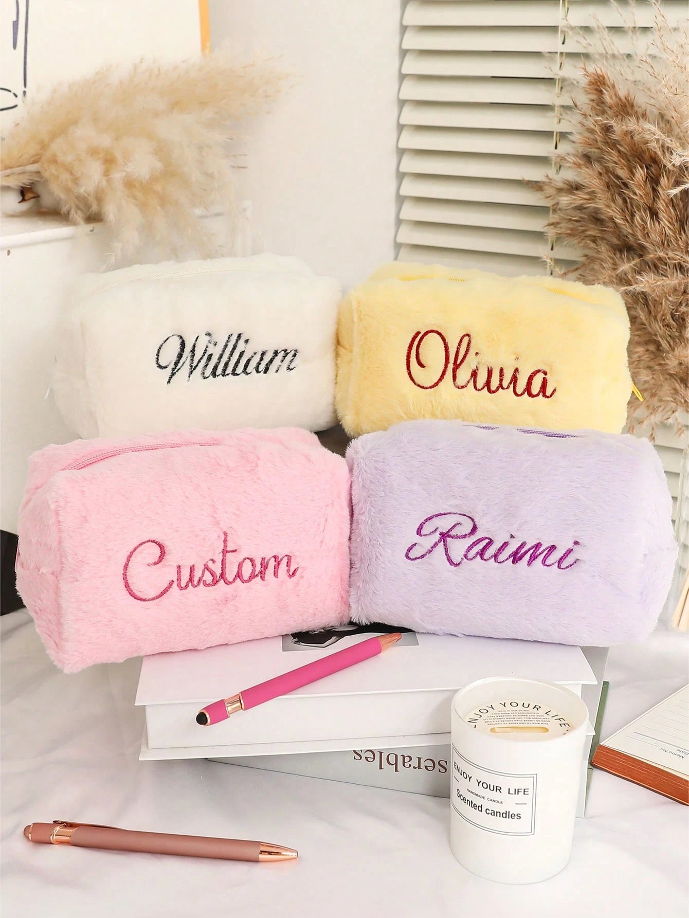 Personalized Fluffy Makeup Bag, Fuzzy Cosmetic Pouch, Embroidered Name Toiletry Organizer, Travel Bag For Women, Soft, Ideal Gifts For Her, Girlfriend, Chic Autumn, Christmas Beauty Accessories, Bride