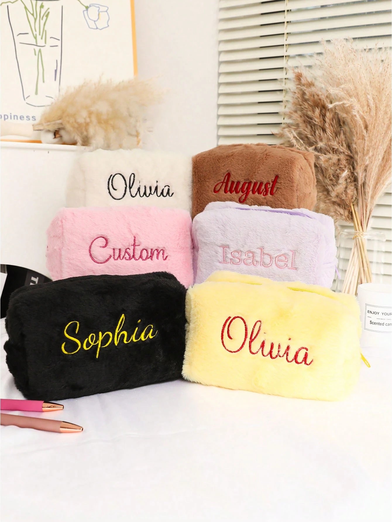 Personalized Fluffy Makeup Bag, Fuzzy Cosmetic Pouch, Embroidered Name Toiletry Organizer, Travel Bag For Women, Soft, Ideal Gifts For Her, Girlfriend, Chic Autumn, Christmas Beauty Accessories, Bride
