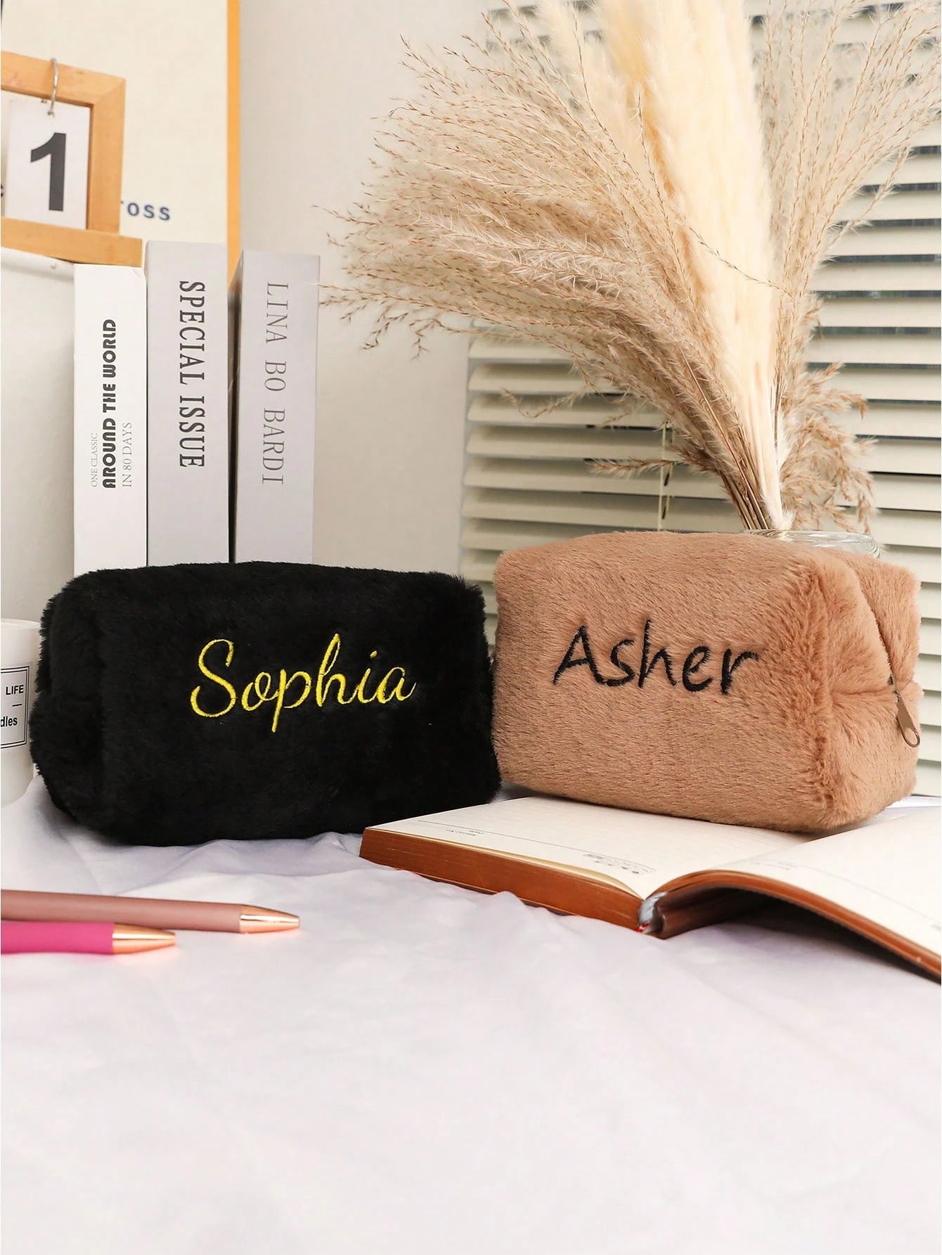 Personalized Fluffy Makeup Bag, Fuzzy Cosmetic Pouch, Embroidered Name Toiletry Organizer, Travel Bag For Women, Soft, Ideal Gifts For Her, Girlfriend, Chic Autumn, Christmas Beauty Accessories, Bride