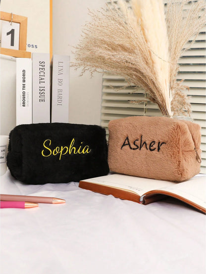 Personalized Fluffy Makeup Bag, Fuzzy Cosmetic Pouch, Embroidered Name Toiletry Organizer, Travel Bag For Women, Soft, Ideal Gifts For Her, Girlfriend, Chic Autumn, Christmas Beauty Accessories, Bride