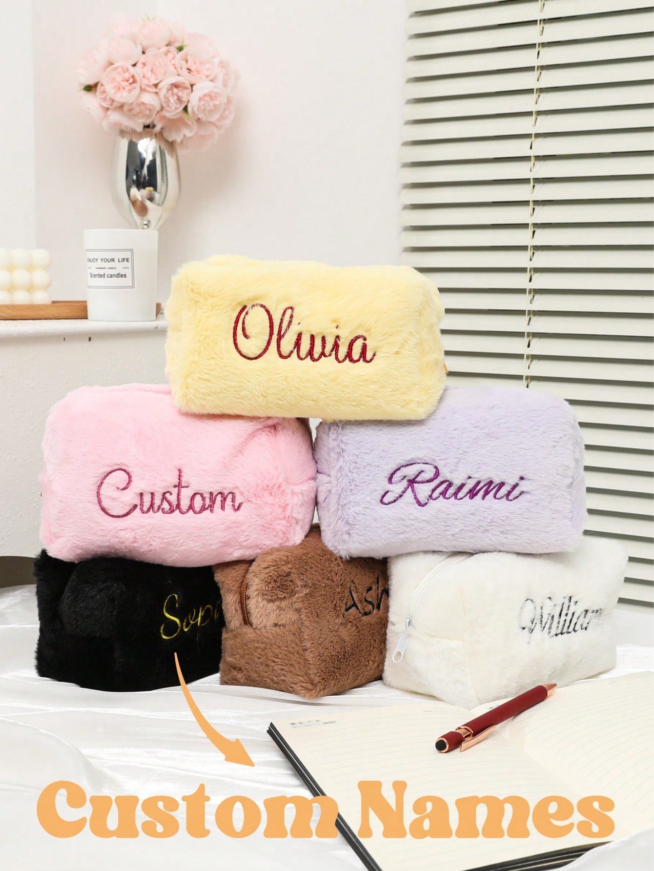 Personalized Fluffy Makeup Bag, Fuzzy Cosmetic Pouch, Embroidered Name Toiletry Organizer, Travel Bag For Women, Soft, Ideal Gifts For Her, Girlfriend, Chic Autumn, Christmas Beauty Accessories, Bride
