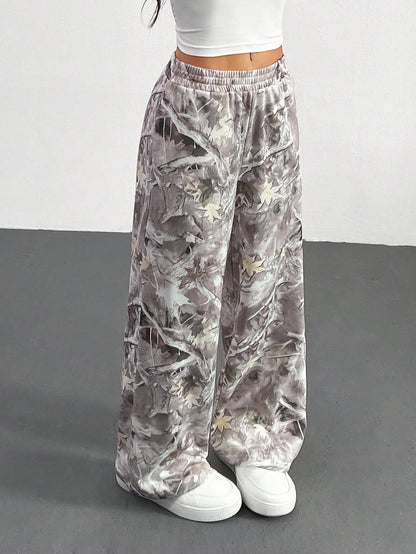 PETITE Western Casual Wear Women's Branch Print Loose Sweatpants For Autumn,Petite Women Daily Grey Camo