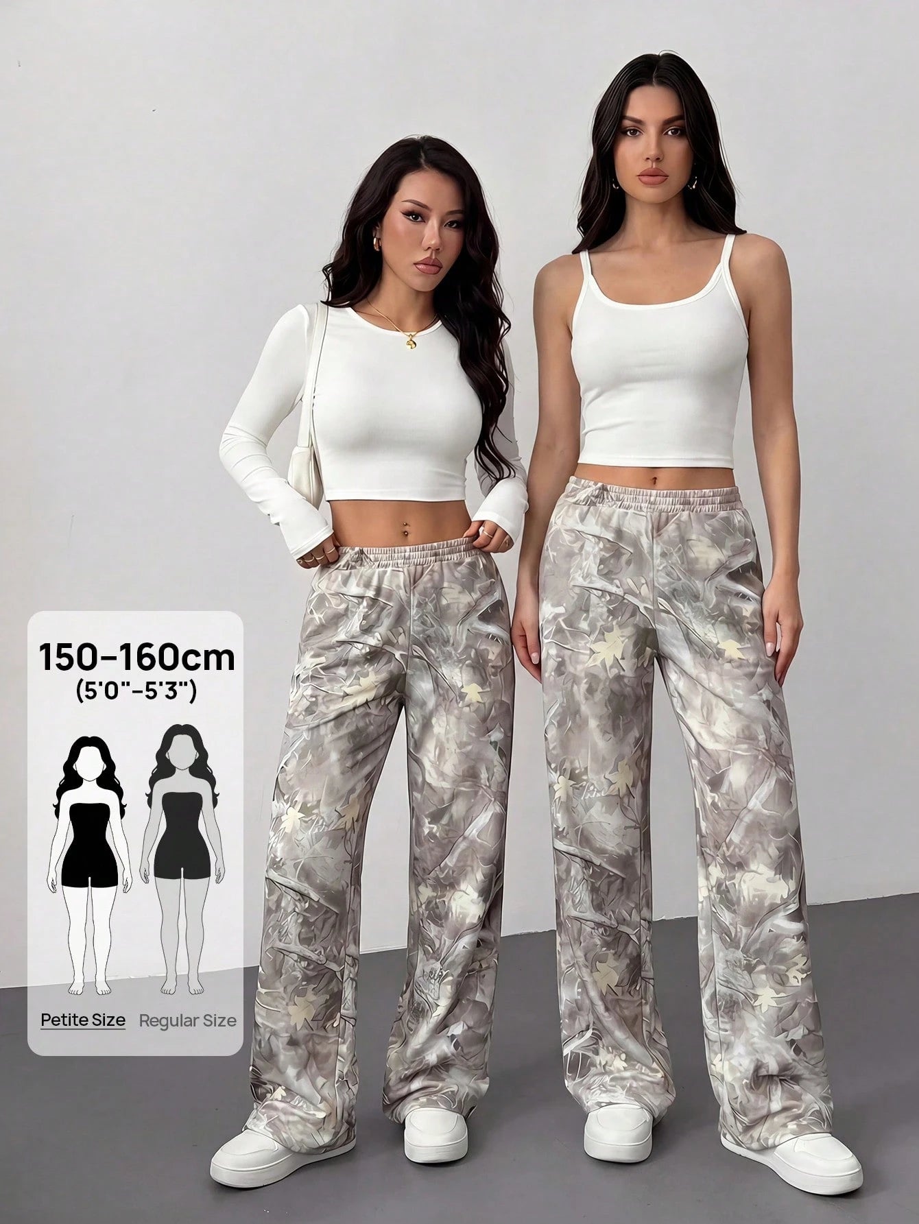 PETITE Western Casual Wear Women's Branch Print Loose Sweatpants For Autumn,Petite Women Daily Grey Camo