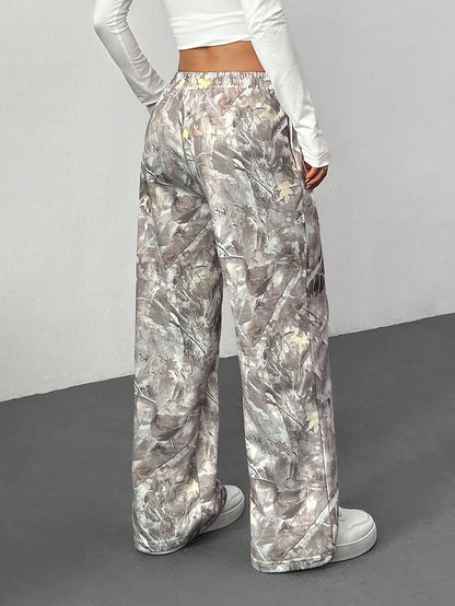 PETITE Western Casual Wear Women's Branch Print Loose Sweatpants For Autumn,Petite Women Daily Grey Camo