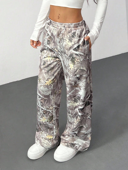 PETITE Western Casual Wear Women's Branch Print Loose Sweatpants For Autumn,Petite Women Daily Grey Camo