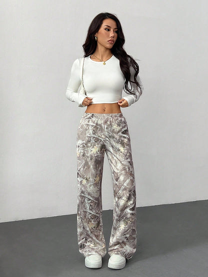 PETITE Western Casual Wear Women's Branch Print Loose Sweatpants For Autumn,Petite Women Daily Grey Camo