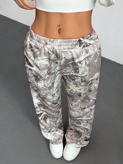 PETITE Western Casual Wear Women's Branch Print Loose Sweatpants For Autumn,Petite Women Daily Grey Camo