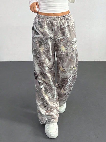 PETITE Western Casual Wear Women's Branch Print Loose Sweatpants For Autumn,Petite Women Daily Grey Camo
