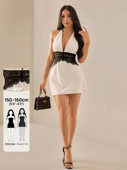 PETITE White And Black Satin Waist Splicing Lace A-Line Halter Mini Dress, Elegant Sexy Dress,Petite Women Night Summer