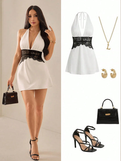 PETITE White And Black Satin Waist Splicing Lace A-Line Halter Mini Dress, Elegant Sexy Dress,Petite Women Night Summer