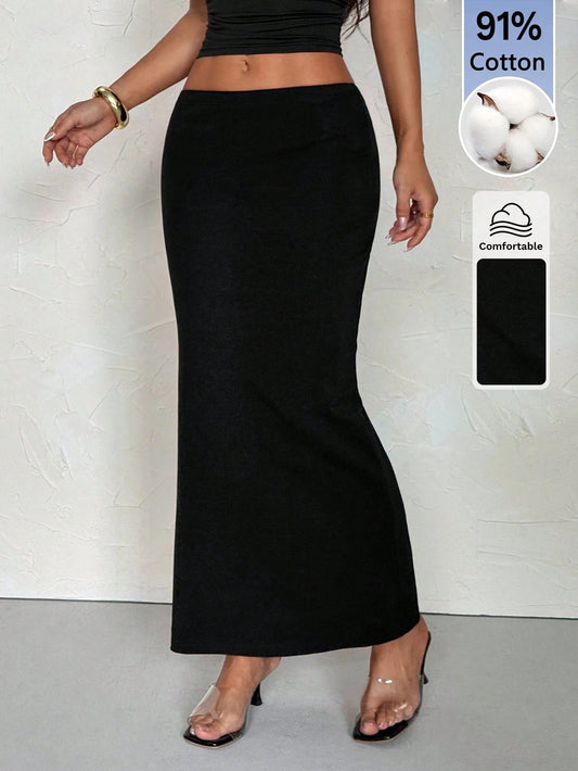 PETITE Women's 91 Cotton Plain Black Knit Tight-Fit Skirt, Autumn Basic Casual Piece For Date Work, Retro Vintage Y2K Streetwear, Back To School, Hip-Hop