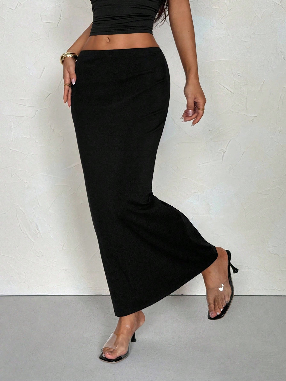 PETITE Women's 91 Cotton Plain Black Knit Tight-Fit Skirt, Autumn Basic Casual Piece For Date Work, Retro Vintage Y2K Streetwear, Back To School, Hip-Hop