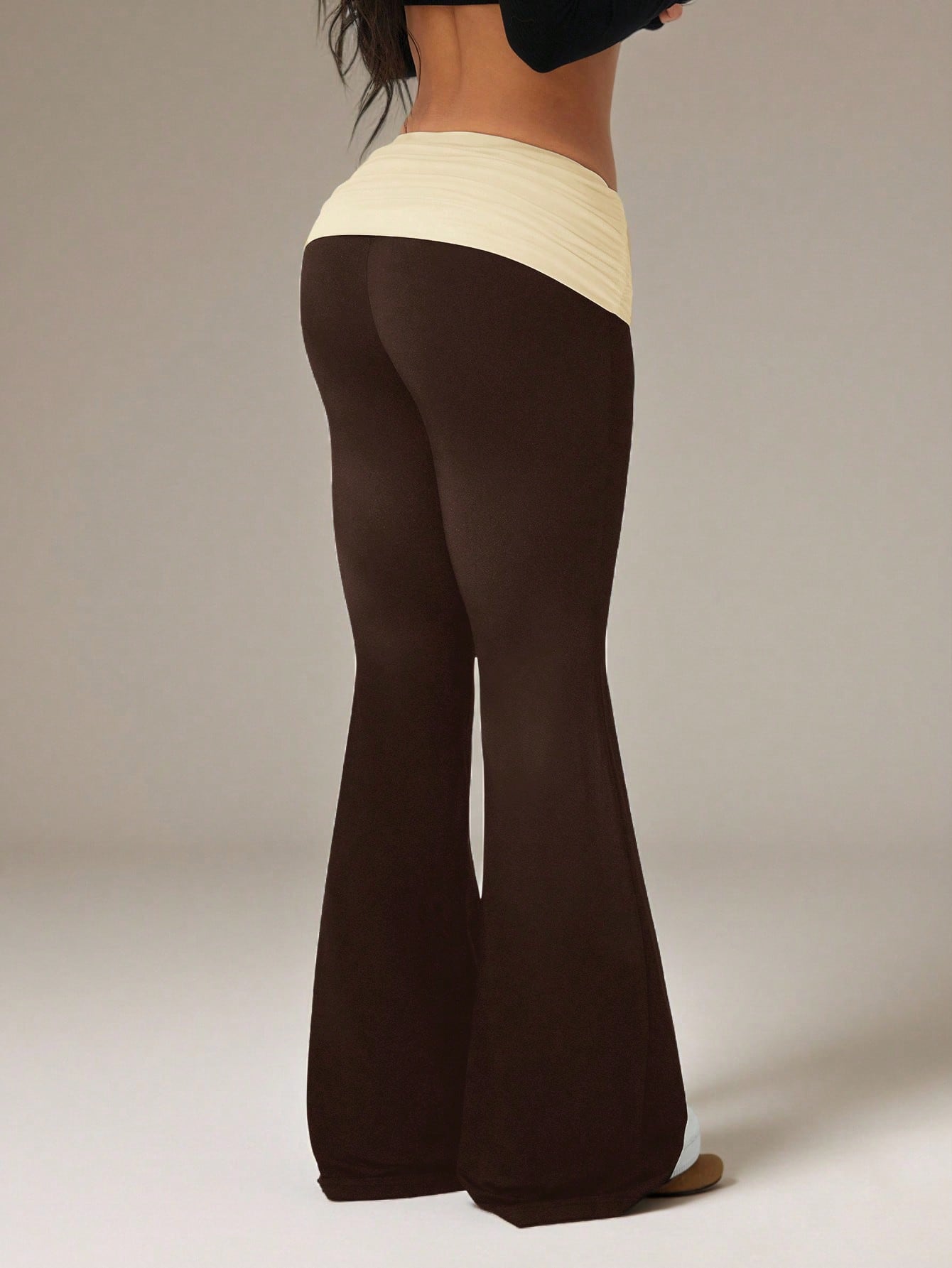 PETITE Women's Casual Contrast Color Pleated Fold-Over Waist Flare Pants,Petite Women