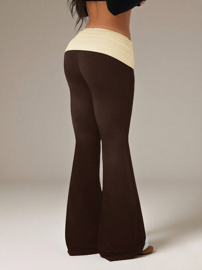 PETITE Women's Casual Contrast Color Pleated Fold-Over Waist Flare Pants,Petite Women