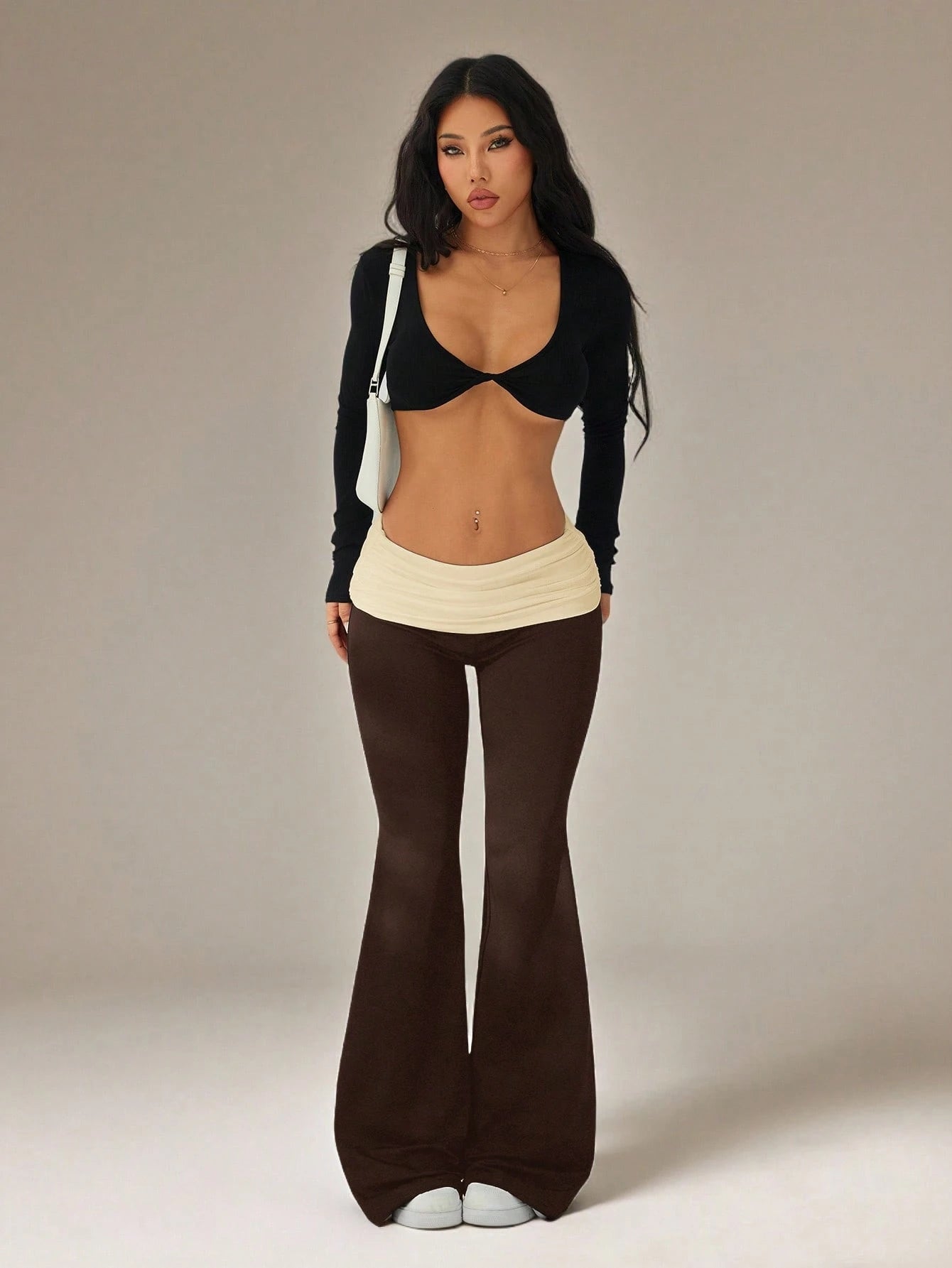 PETITE Women's Casual Contrast Color Pleated Fold-Over Waist Flare Pants,Petite Women
