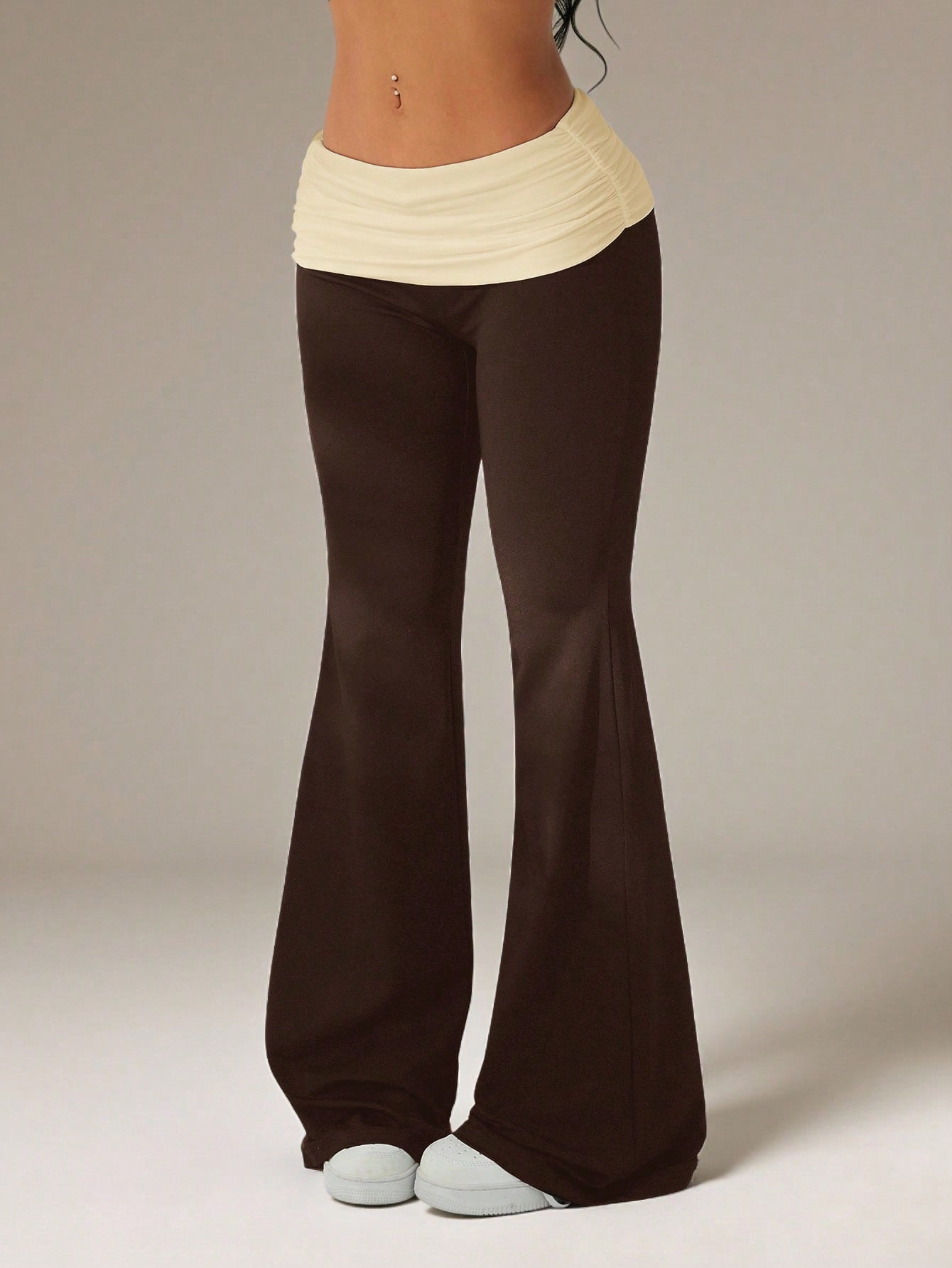 PETITE Women's Casual Contrast Color Pleated Fold-Over Waist Flare Pants,Petite Women