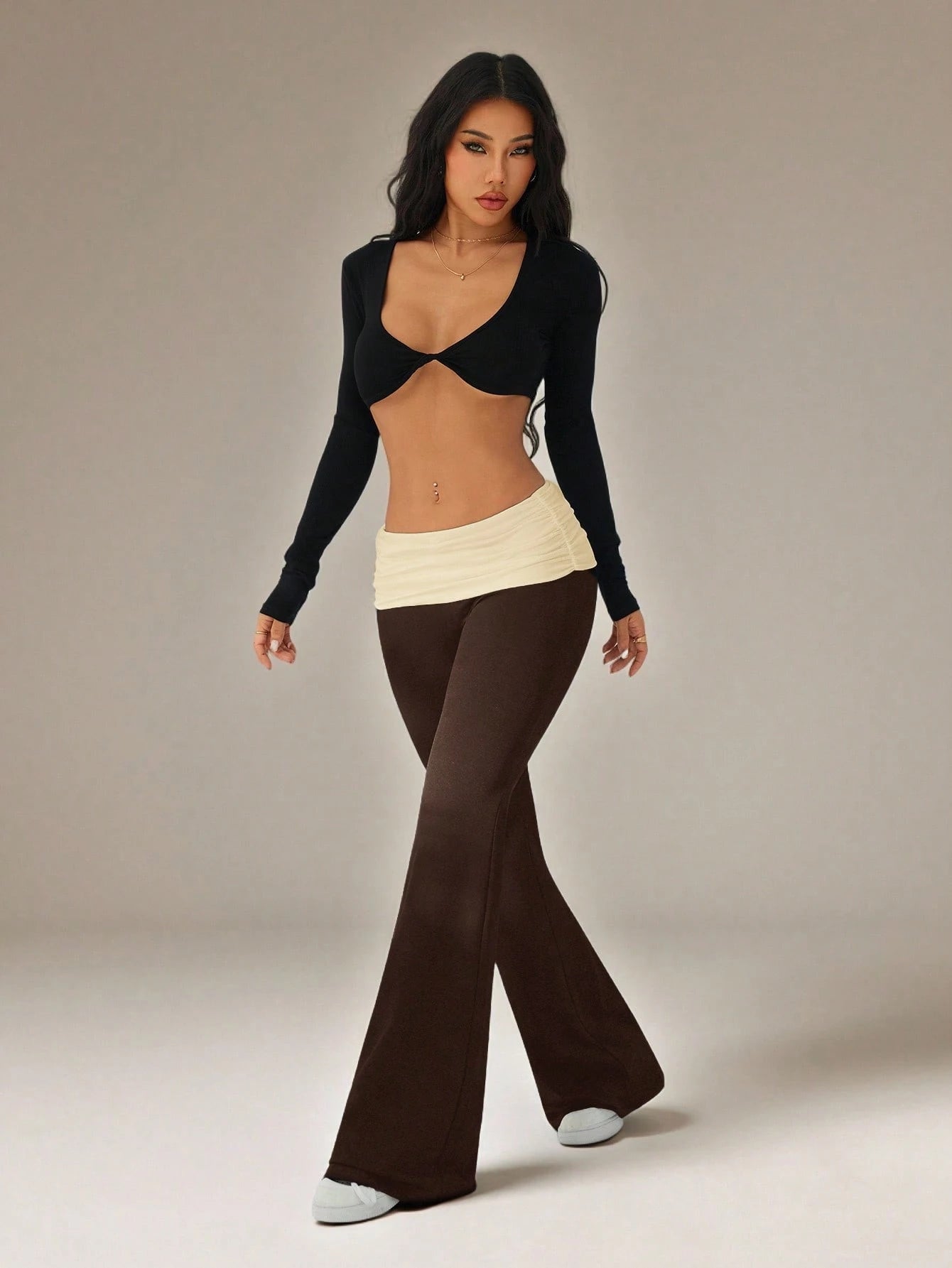 PETITE Women's Casual Contrast Color Pleated Fold-Over Waist Flare Pants,Petite Women
