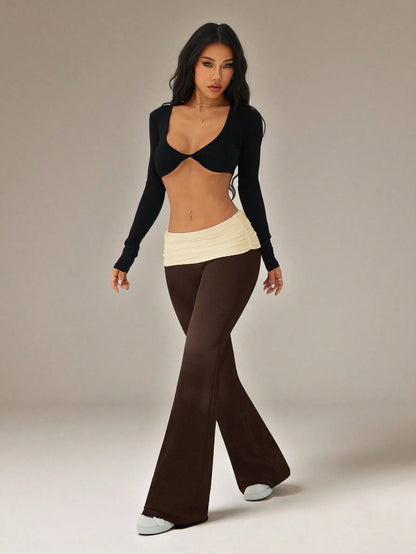 PETITE Women's Casual Contrast Color Pleated Fold-Over Waist Flare Pants,Petite Women