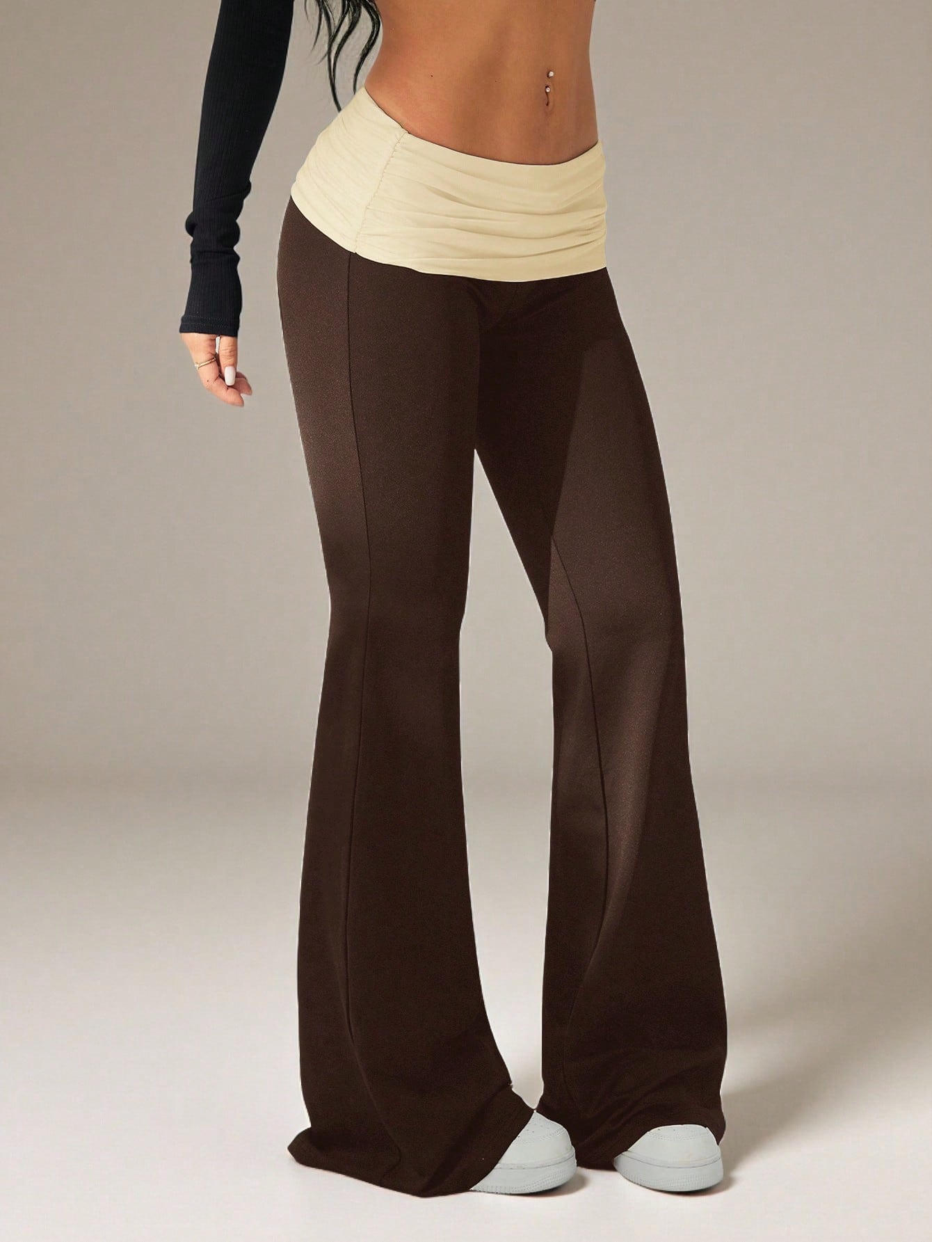 PETITE Women's Casual Contrast Color Pleated Fold-Over Waist Flare Pants,Petite Women