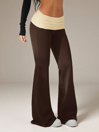 PETITE Women's Casual Contrast Color Pleated Fold-Over Waist Flare Pants,Petite Women