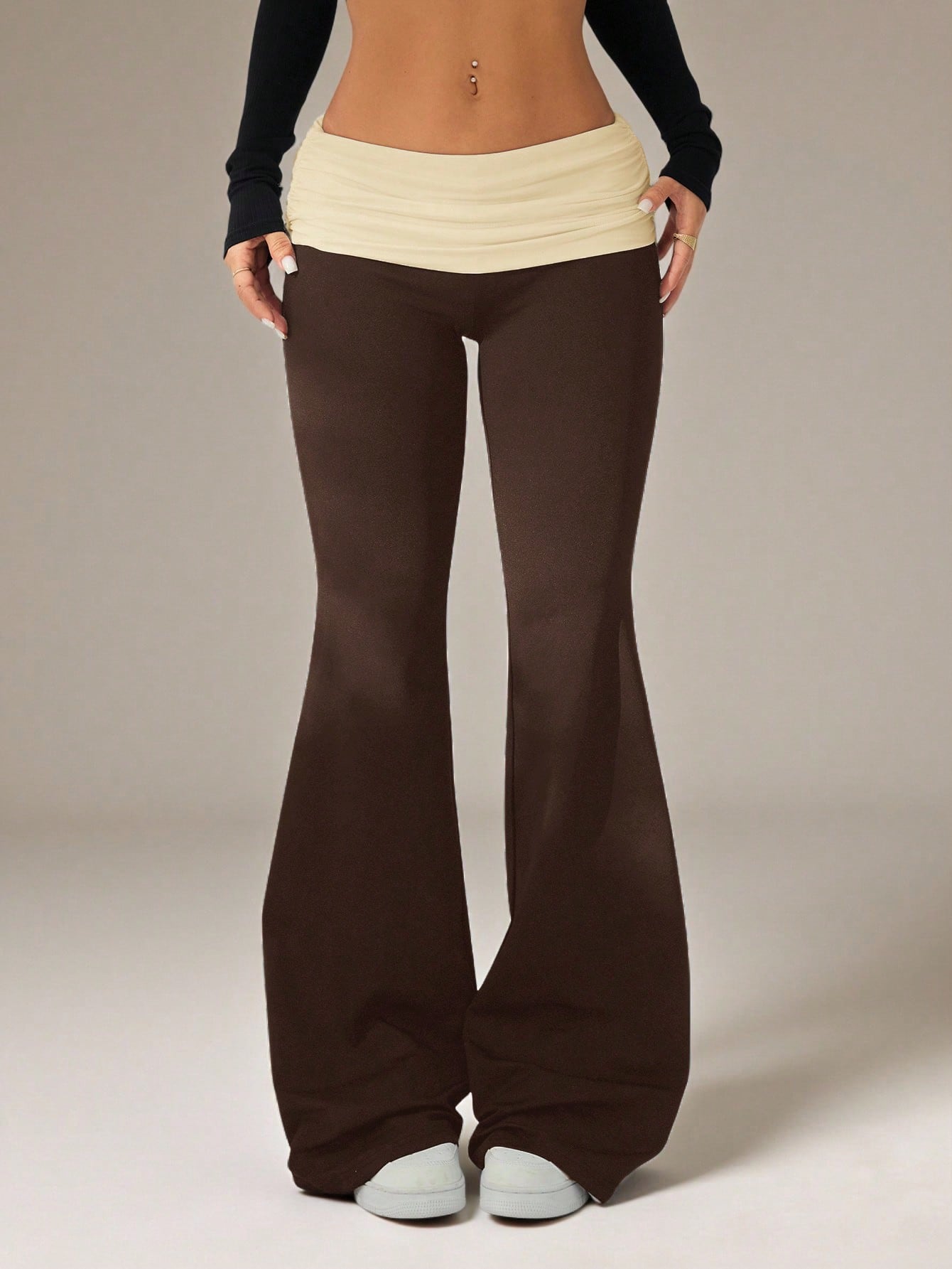 PETITE Women's Casual Contrast Color Pleated Fold-Over Waist Flare Pants,Petite Women