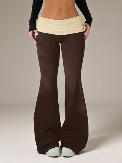 PETITE Women's Casual Contrast Color Pleated Fold-Over Waist Flare Pants,Petite Women