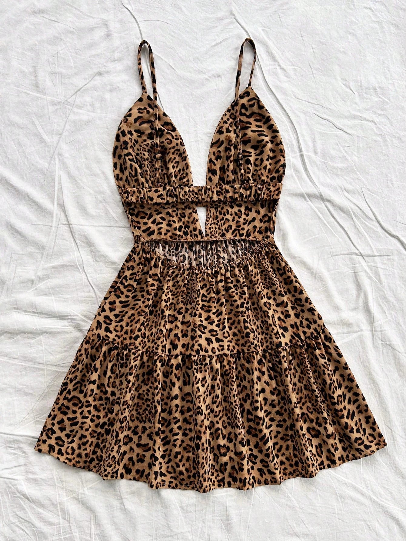 PETITE Women's Holiday Floral Layered Hem Camisole Leopard Cheetah Print Dress For Summer And Inner Wear,Petite Women Night Out Beige Sexy